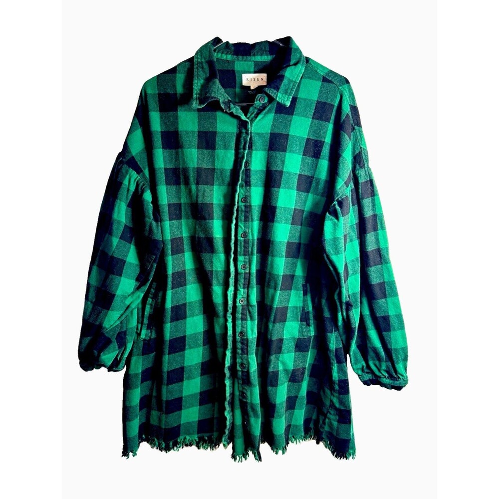 RISEN Los Angeles Women’s L Green Black Plaid Collared Long Sleeve Button-Up